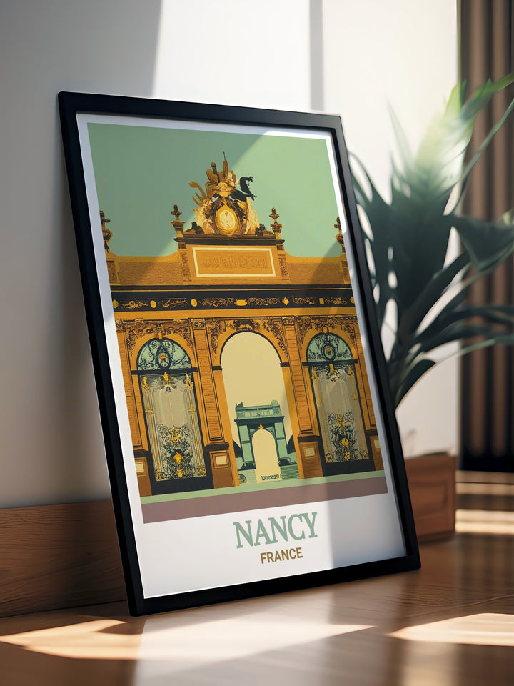 Place Stanislas travel print highlighting the intricate design of one of Frances most famous squares in Nancy. This poster is ideal for adding a touch of European elegance to your living space.