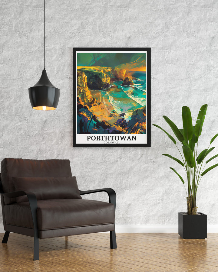 Striking Porthtowan poster illustrating the dynamic contrast between the golden sands of Porthtowan Beach and the powerful waves of the North Sea. The print celebrates the natural beauty and serene landscapes of Cornwall, making it an excellent piece for any travel art collection