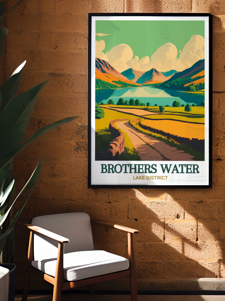 Brothers Water wall art offers a view of one of the Lake Districts hidden gems, reflecting the beauty of its peaceful waters and scenic surroundings. This vintage travel print is perfect for anyone who loves the outdoors or wants to bring a slice of nature into their home.