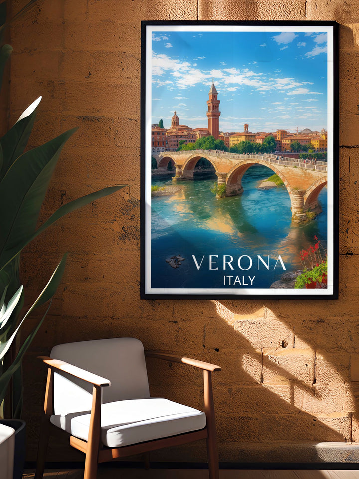 Vibrant Italian art print featuring Ponte Pietra in Verona Italy an ideal piece for adding elegance to any room or as a special Verona gift celebrating the beauty and cultural richness of this famous bridge.