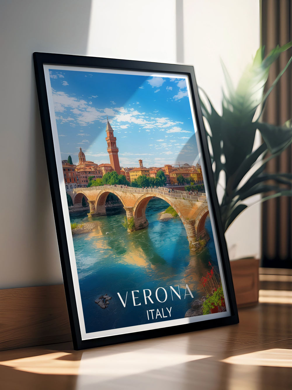 Elegant Ponte Pietra artwork depicting the timeless beauty of this iconic Verona landmark ideal for adding a touch of Italian art to any home decor or as a thoughtful Italy travel gift for lovers of Verona and its rich history.