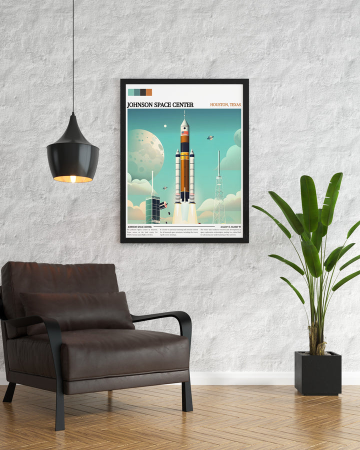 Captivating painting of the Johnson Space Center highlighting the spirit of exploration and innovation. Ideal wall decor for space enthusiasts.