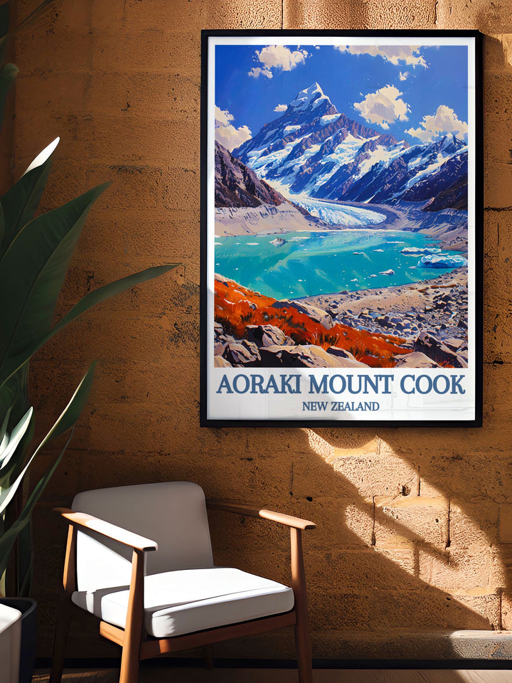 Contemporary framed print of Lake Pukakis expansive waters under the shadow of Aoraki Mount Cook, emphasizing the natural contrast and vibrant beauty of the area.