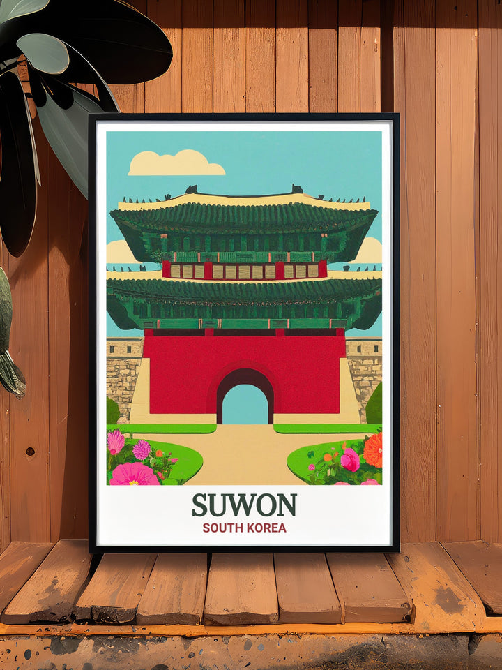 A detailed travel print showcasing Suwons Paldalmun Gate, one of South Koreas most iconic landmarks. This wall art offers a unique view of the gates architectural beauty and is perfect for anyone passionate about South Koreas history.