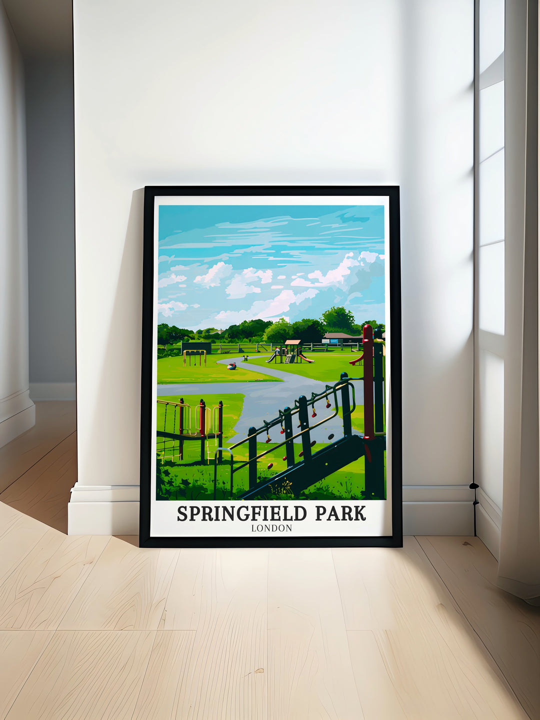 Springfield Fun Park London Borough print featuring vibrant views of the Regents Canal and Lea Rowing Club a stunning London park print that brings the beauty of East London into your living space perfect for nature lovers and vintage travel art collectors.