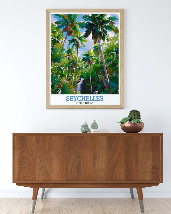 The picturesque Vallée de Mai in Seychelles is beautifully illustrated in this poster, offering a glimpse into its pristine forests and clear waters, making it an excellent piece for any tropical art collection.