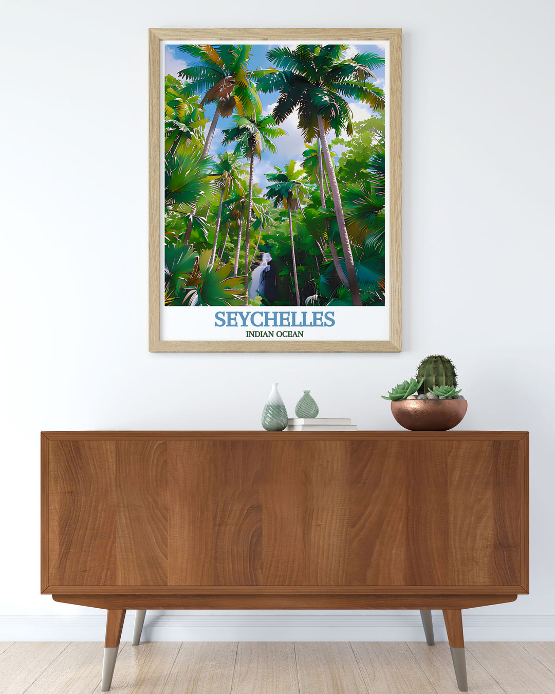 Vallée de Mai, one of Seychelles most famous natural treasures, is beautifully captured in this Indian Ocean Travel Print. The poster highlights the rich flora and dense greenery of this serene forest, ideal for anyone who loves nature and travel art. Add this striking piece to your living room, bedroom, or office.