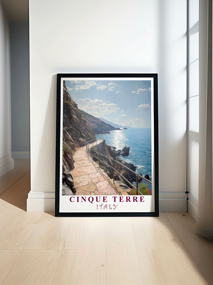 Path of Love travel poster featuring vibrant colors and stunning coastal views perfect for adding a touch of Cinque Terre decor to your home or office ideal for art lovers and travelers who appreciate beautiful and lively wall art.