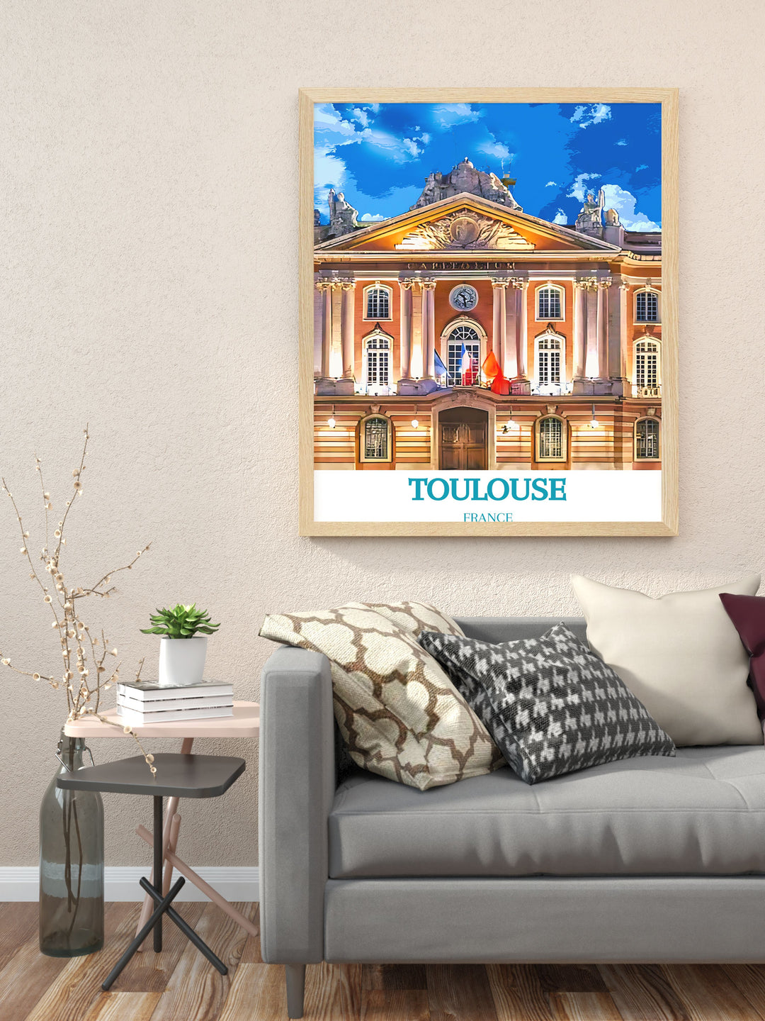 Explore the vibrant streets and historical landmarks of Toulouse with this captivating travel poster, illustrating the essence of the city.