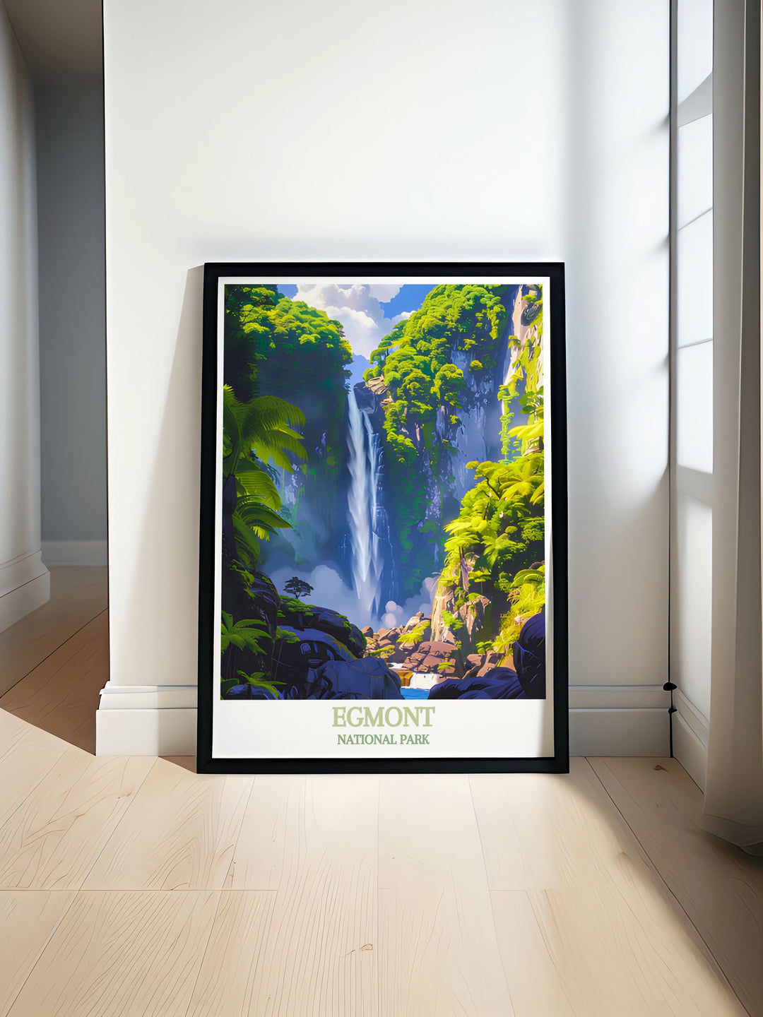 Gallery wall art showcasing the diverse landscapes of Egmont National Park, from lush forests to the iconic Mount Taranaki.