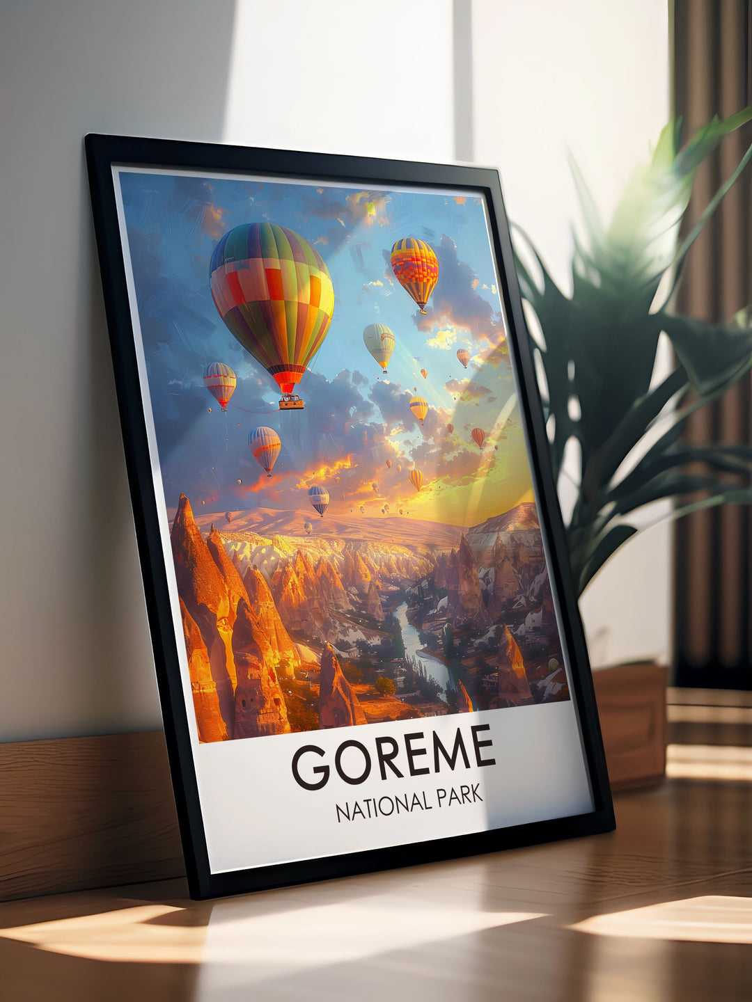 Capturing the surreal beauty of Goreme National Park in Cappadocia, Turkey, this poster highlights the enchanting Fairy Chimneys and the serene hot air balloons at sunrise, ideal for any travel enthusiasts wall art collection.