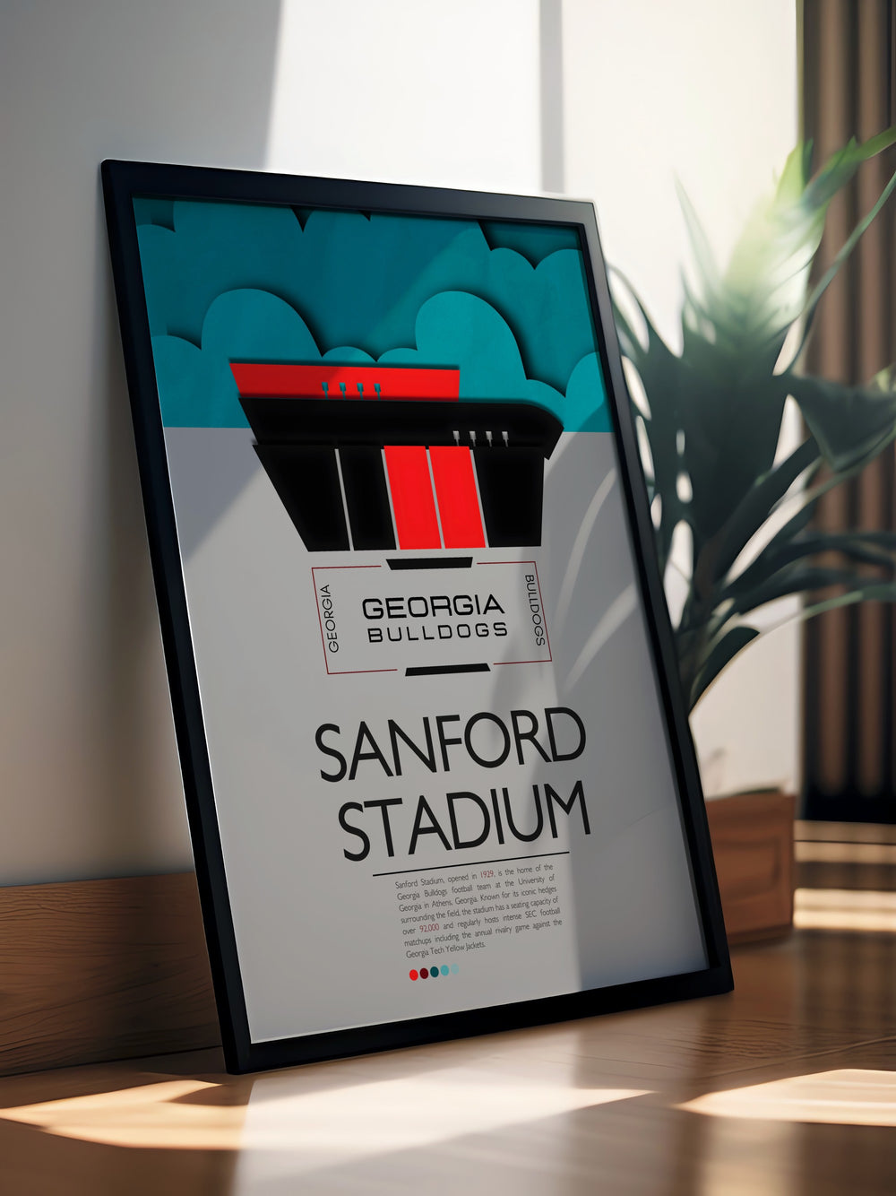 Celebrate UGA football with this Georgia Bulldogs print showcasing Touchdown Jesus at Sanford Stadium perfect for college dorms and avid football fans