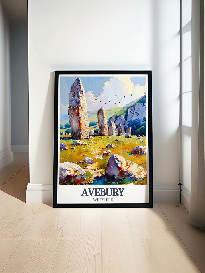 The charm of Avebury Stone Circle, with its iconic stones and scenic surroundings, is brought to life in this poster, offering a piece of Englands historical allure for your home.