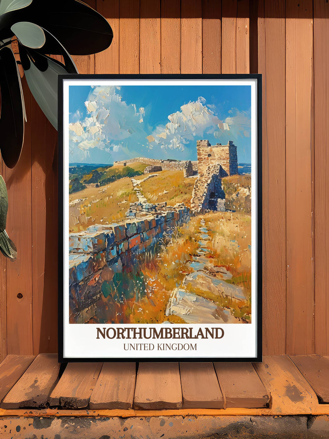 National Park Poster of Bamburgh Castle and Hadrians Wall capturing the rich history and breathtaking scenery of Northumberland ideal for enhancing your living room bedroom or office decor