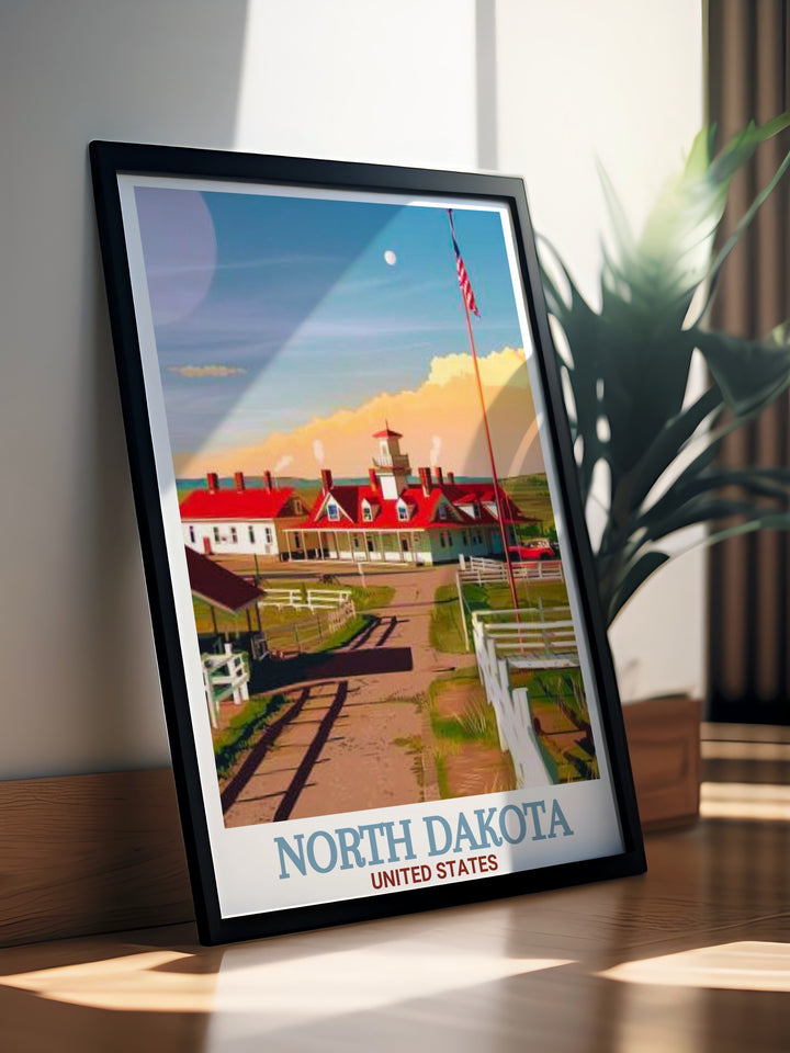 Fort Union Trading Post Wall Print illustrating the vibrant history of North Dakotas famous landmark. This wall print captures the essence of the trading posts importance during the 19th century, making it a stunning addition to any collection of American history prints.