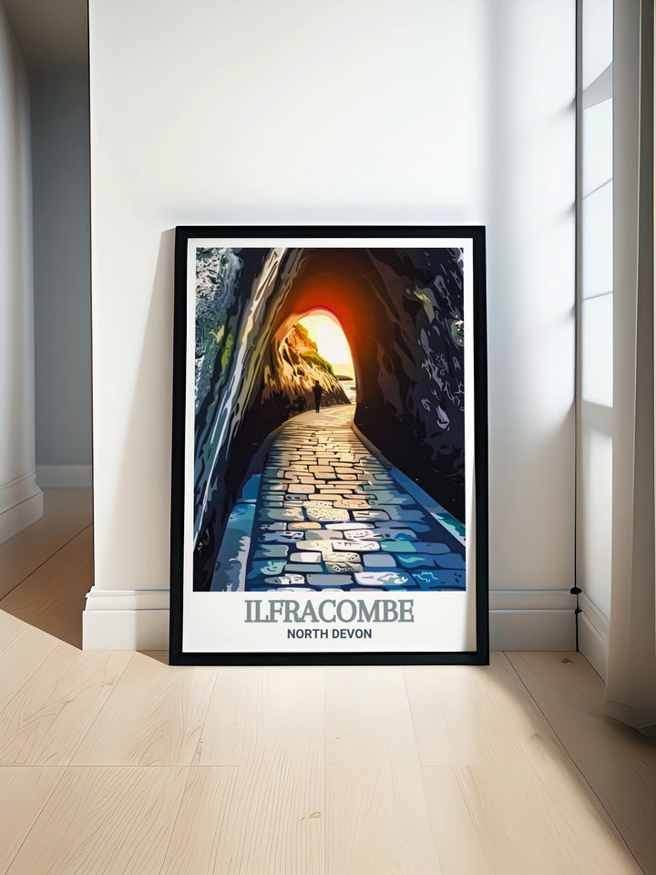 A detailed illustration of Ilfracombes Tunnels Beaches, highlighting the natural beauty and historical significance of this North Devon landmark. A wonderful addition to any art collection.