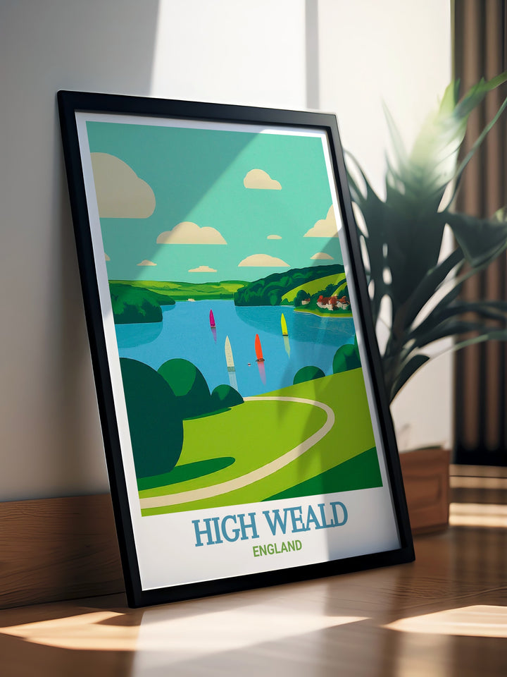 Bewl Water and High Weald AONB poster capturing the timeless beauty of the British countryside with retro artwork featuring lush greenery and historic oast houses ideal for framing and displaying in your living room or study.