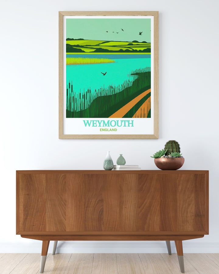 Radipole Lake scenic print depicting the peaceful waters and surrounding greenery of the nature reserve. Ideal for nature lovers and birdwatchers, this art piece brings the charm of Weymouths natural environment into your home.