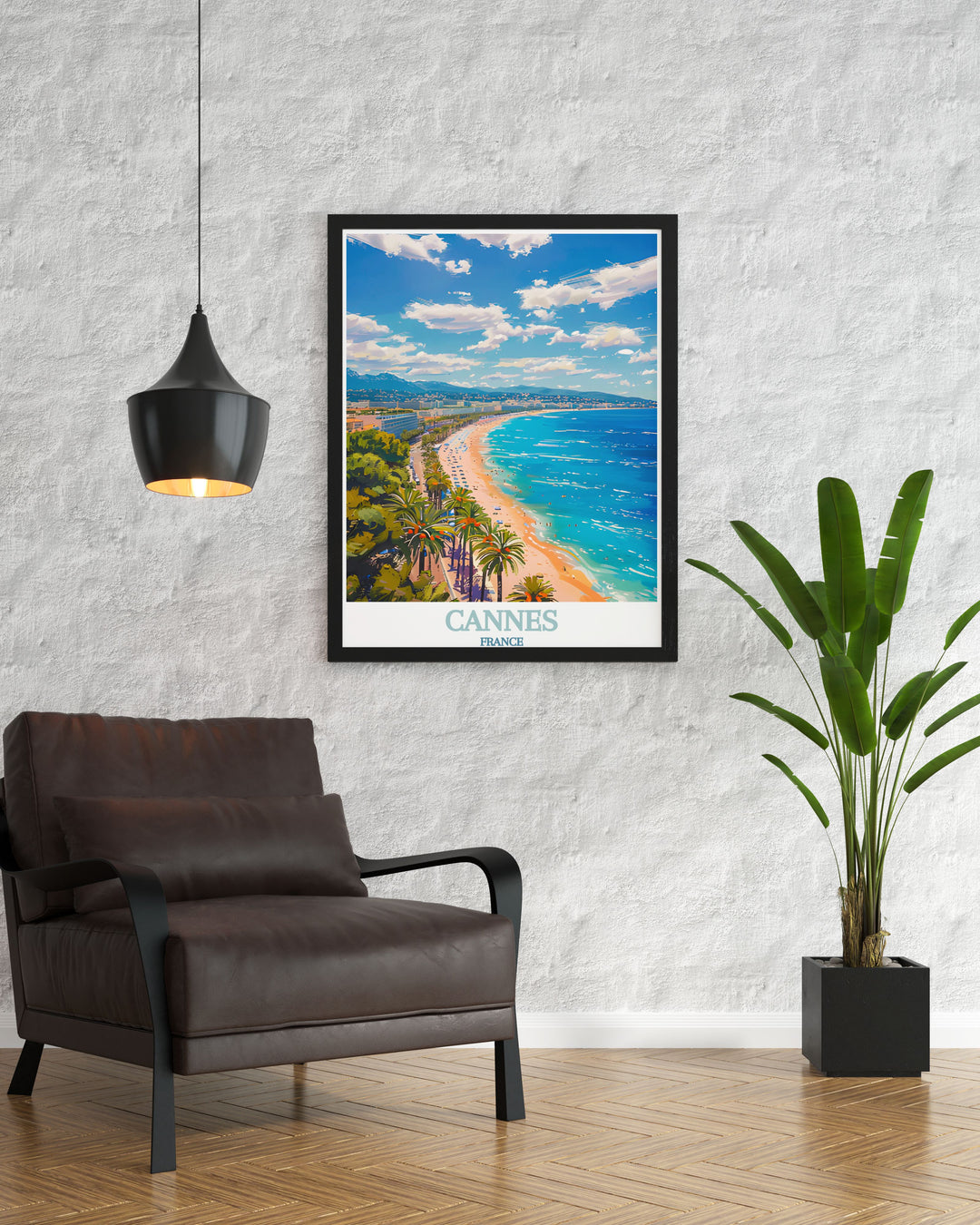 Stunning La Croisette poster highlighting the iconic palm lined boulevard of Cannes this France wall art is a perfect representation of French elegance and charm an ideal France travel art piece for any art collector or travel enthusiast