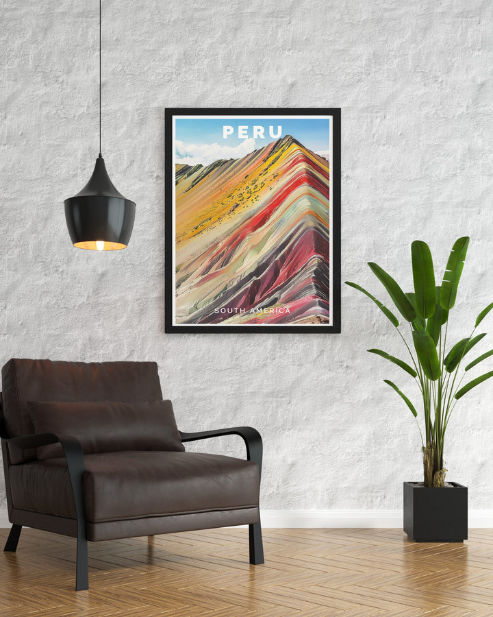 Peru travel print showcasing the vibrant Rainbow Mountains and Limas bustling cityscape. This detailed artwork captures the stunning mineral colors of the Rainbow Mountains, combined with the cultural charm of Lima, making it an ideal addition to your home or office décor.