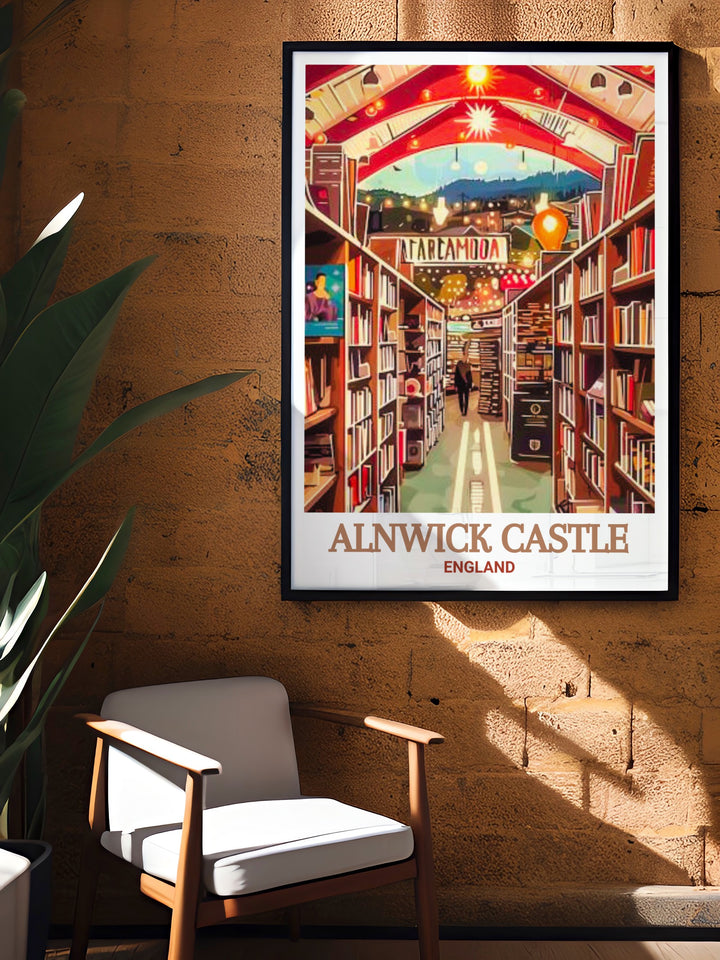 Alnwick Castle Wall Print featuring a detailed rendering of this historic English landmark. The artwork highlights the castles strategic position in Northumberland, blending architectural beauty with the natural surroundings for a captivating visual experience