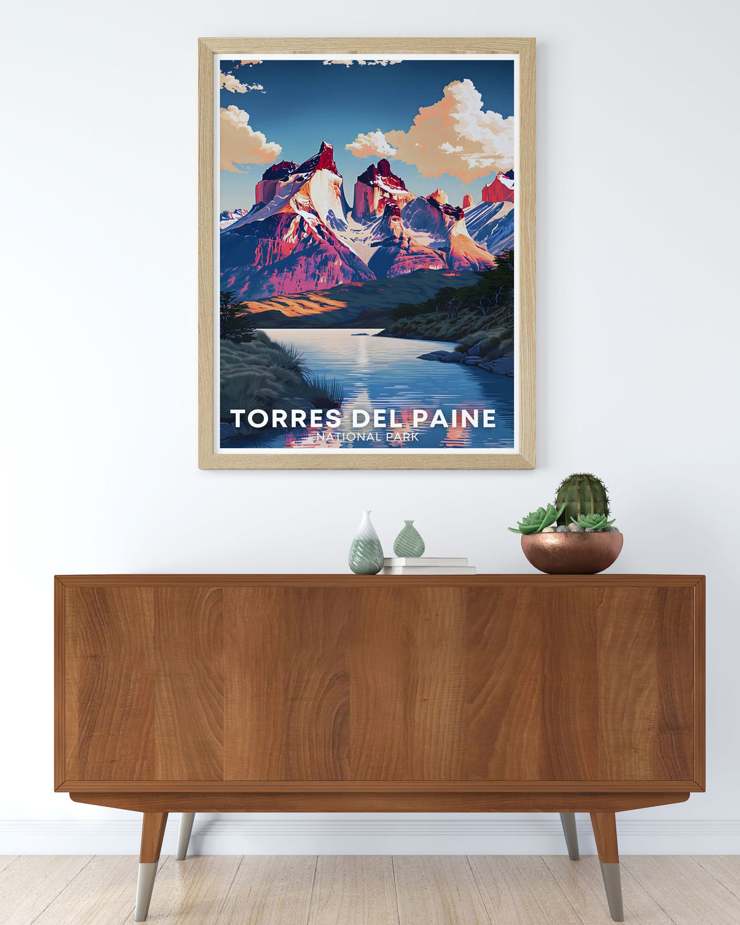 South America poster featuring the iconic Cuernos del Paine in Torres del Paine National Park, Patagonia Chile. This retro travel poster is perfect for those who love adventure and scenic landscapes, adding a touch of elegance and inspiration to any room.