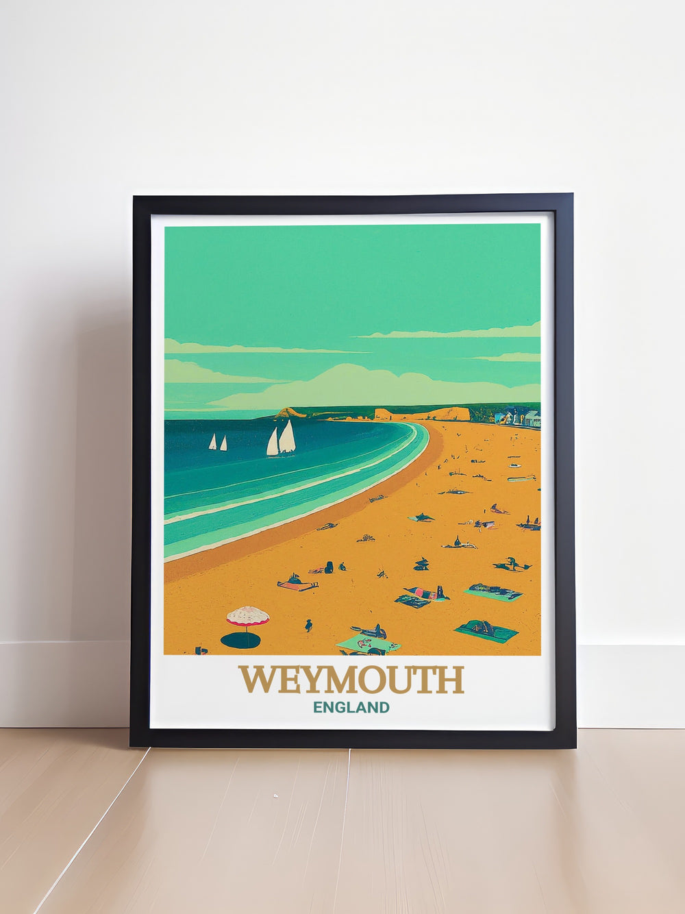 Weymouth Beach wall decor featuring a vibrant illustration of the beach and its surroundings. This print captures the essence of a day at Weymouth Beach, making it a perfect gift for anyone who loves the seaside.