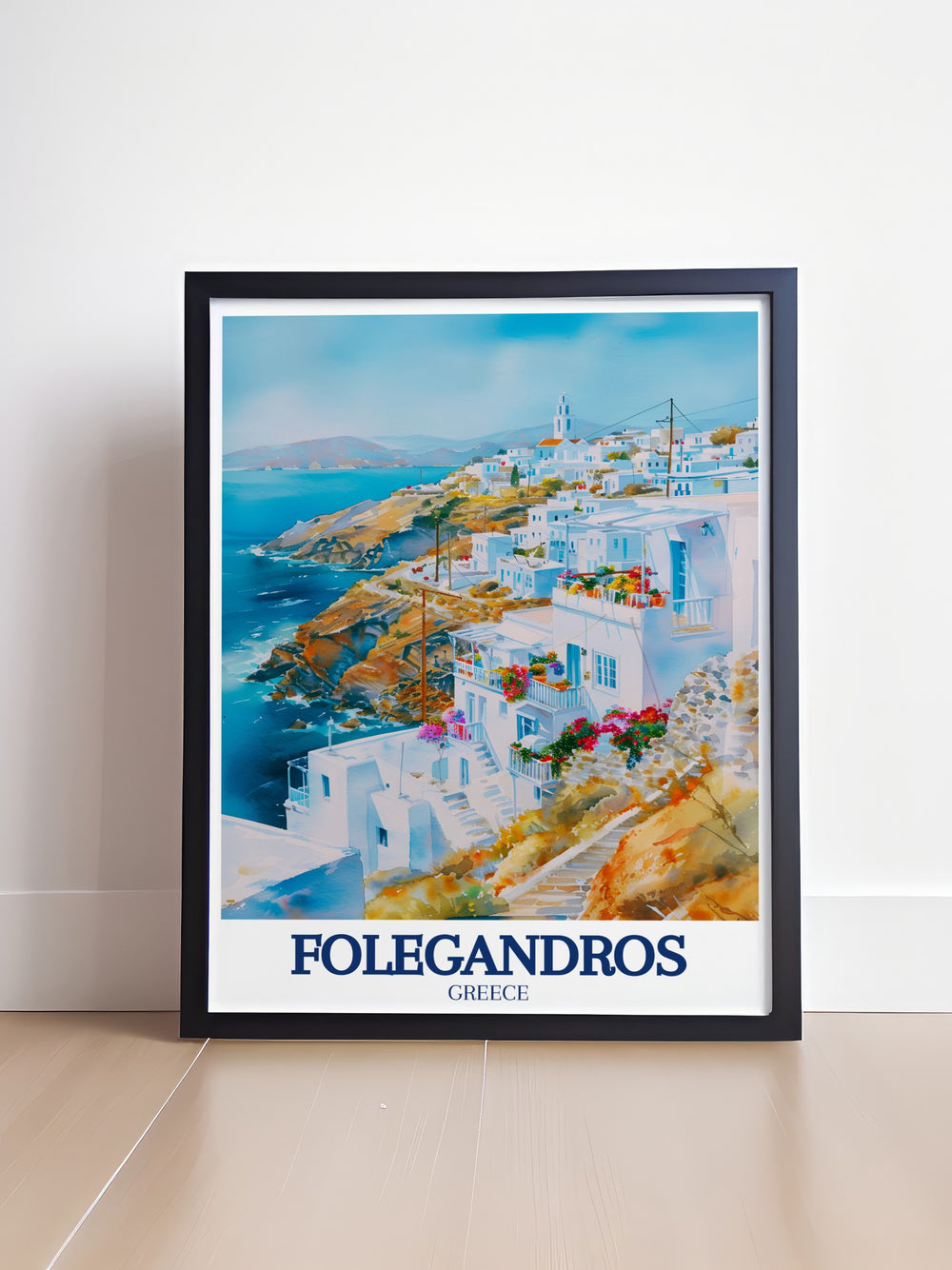 Chora vintage poster showcasing the traditional beauty of Folegandros cliffside town. This detailed art print is a great gift for those who cherish the charm of Greek island life and the beauty of the Aegean Sea.