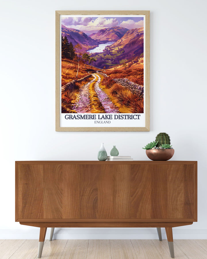 This Grasmere travel poster depicts the iconic Lion and the Lamb formation on Helm Crag, set against the backdrop of Grasmere Lake. A perfect addition to your home decor for those who cherish Englands natural landscapes.