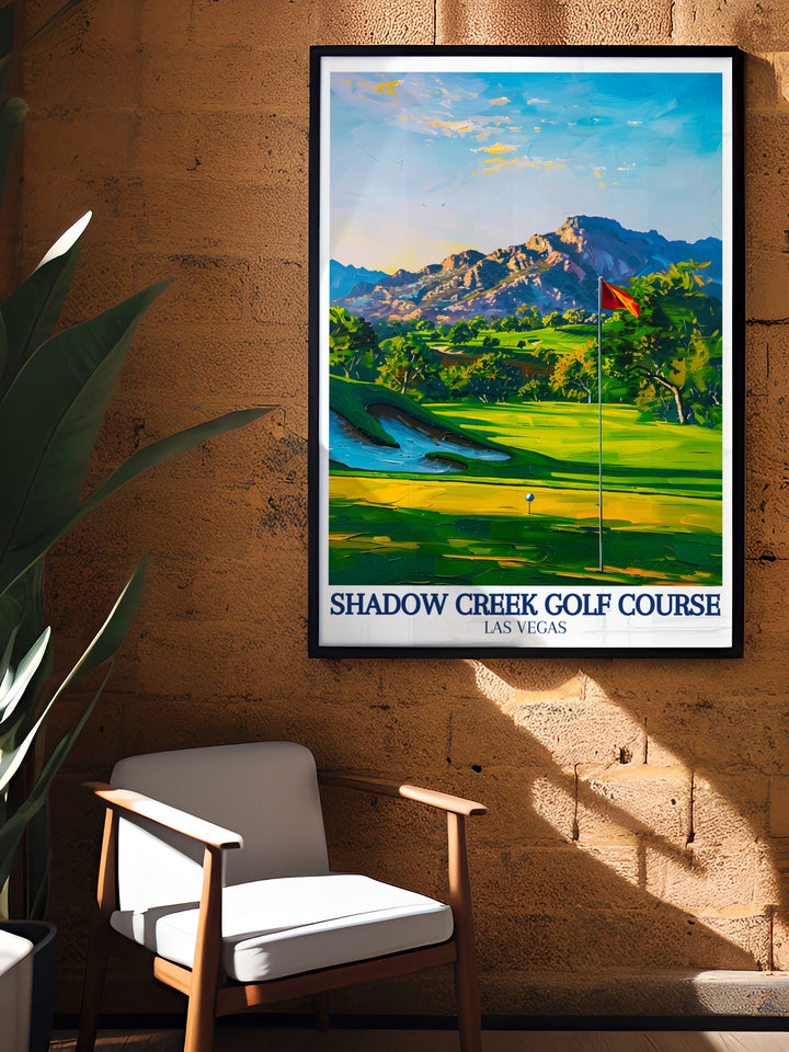 A beautifully designed canvas print showcasing Shadow Creek Golf Course with its lush fairways framed by the vast Nevada desert. The poster also includes Clark Countys distinctive horizon, offering a perfect blend of nature and sport for your home decor.