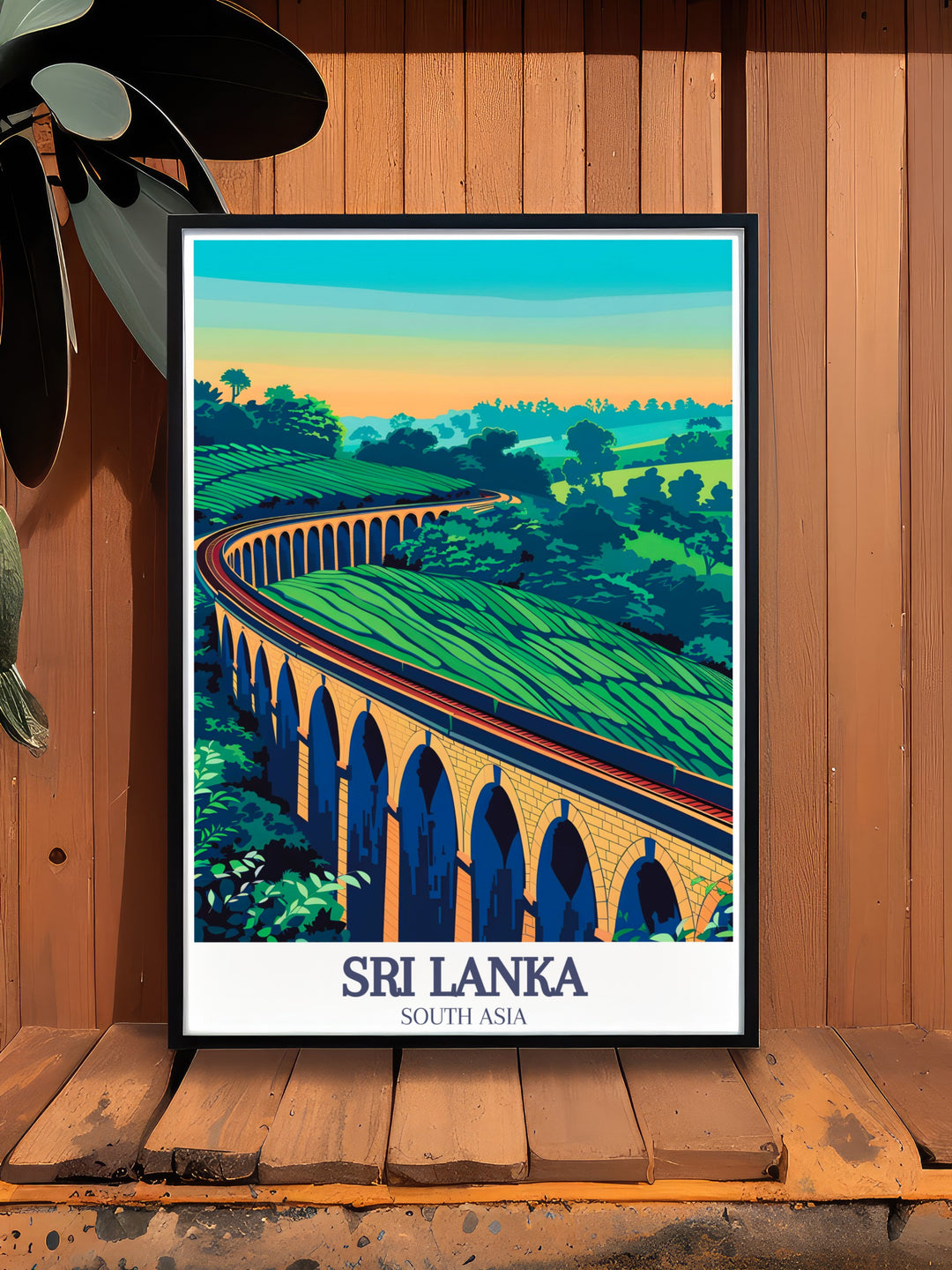 This captivating art print of the Nine Arch Bridge in Sri Lankas Demodara region beautifully highlights the landmarks blend of colonial architecture and lush surroundings. The travel poster is ideal for anyone looking to bring a piece of Sri Lankas history and natural beauty into their home.