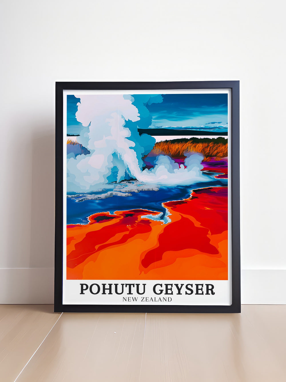 Experience the natural beauty of New Zealand with this poster print of Pohutu Geyser in Rotorua. Te Puias geysers and Maori cultural heritage are brought to life in this art piece, which captures the raw energy of the geysers eruption, perfect for a gift or home decor.