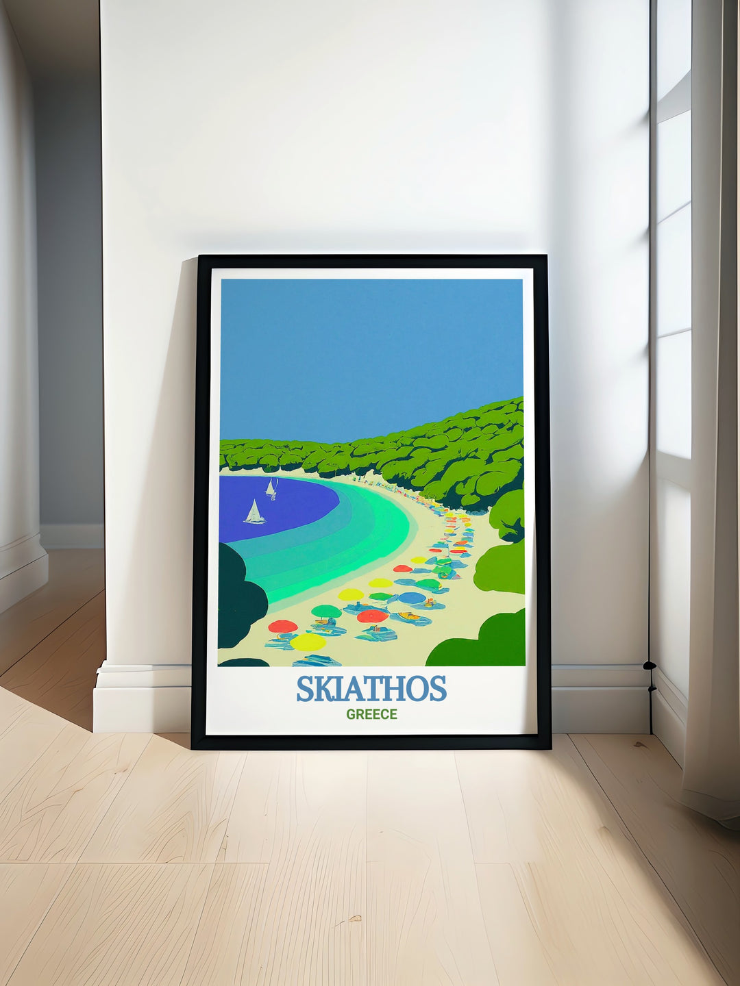 Koukounaries Beach art print from Skiathos Island. This vibrant and detailed poster captures the tranquil beauty of one of Greeces top beaches. Perfect for anyone who loves travel, nature, and stunning coastal scenes.