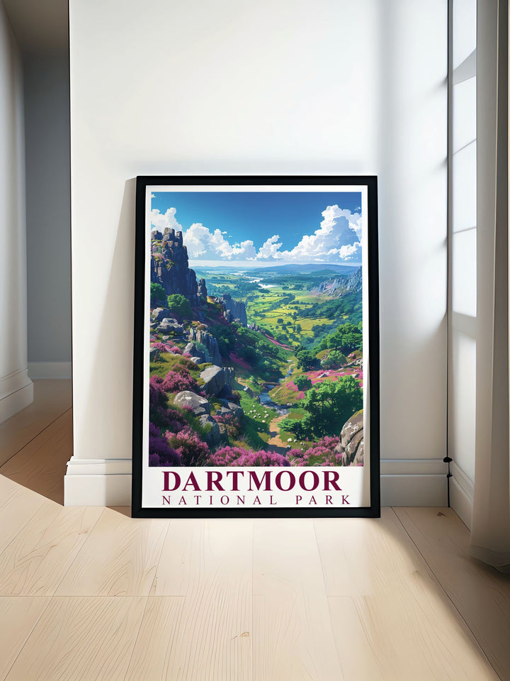 Travel poster featuring Dartmoor National Park with its famous ponies and stunning tors, highlighting the natural beauty and rugged landscapes of Devon, England.