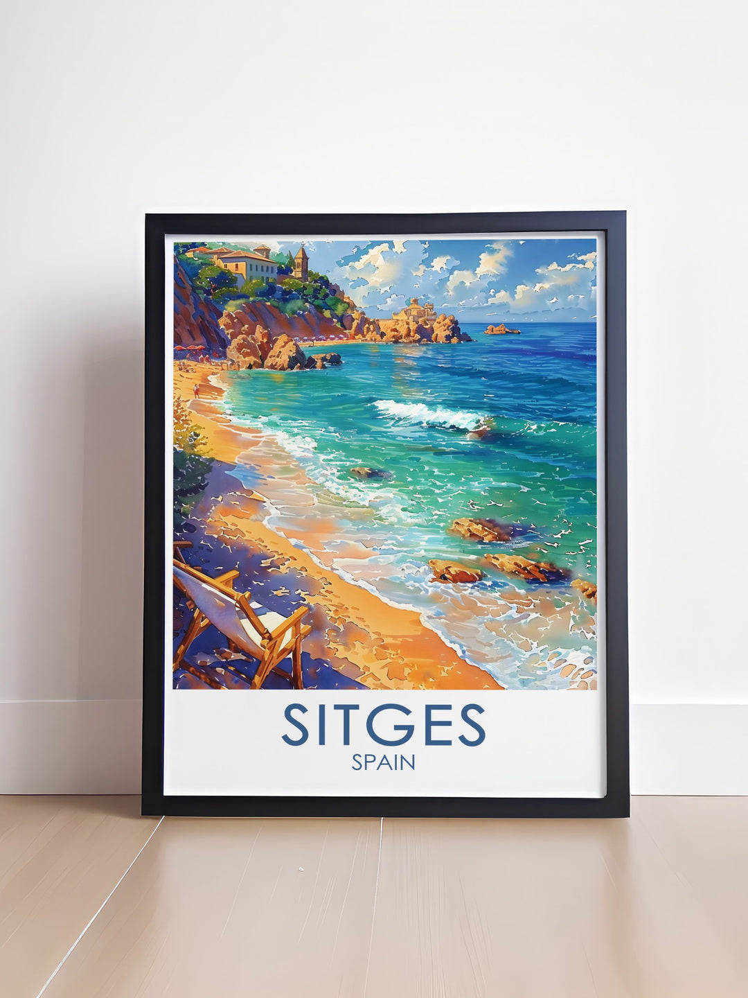 Featuring the serene beaches of Sitges, this poster showcases the tranquil and inviting atmosphere of this coastal town, perfect for anyone seeking a relaxing Mediterranean retreat.