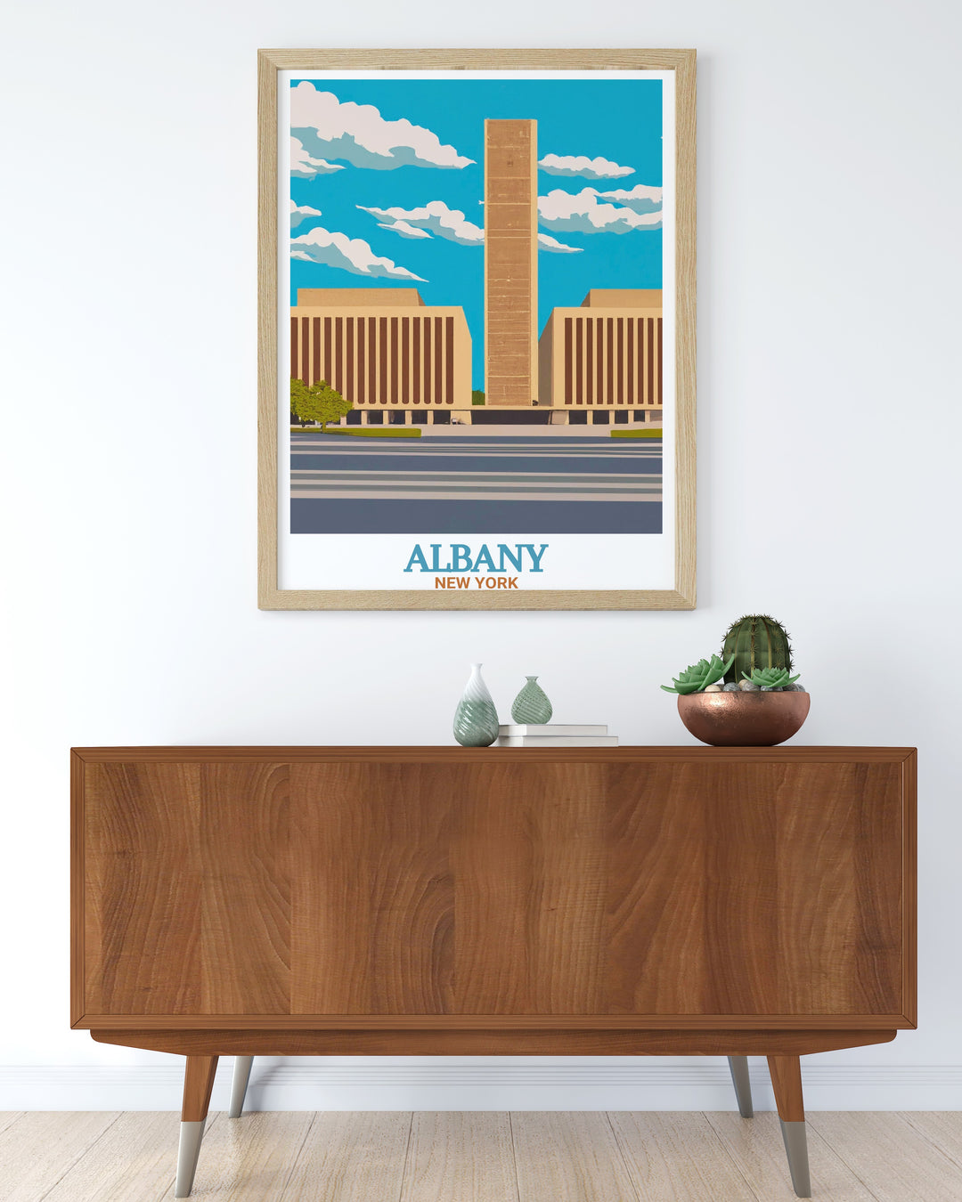 Vibrant Empire State Plaza poster capturing the cultural significance of Albany making it a perfect addition to any collection of New York State prints and art collectibles suitable for both modern and vintage decor styles.