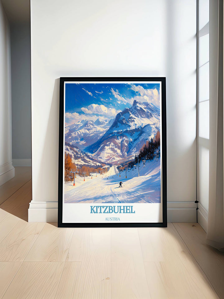 Kitzbuhel Poster featuring the breathtaking Hahnenkamn Ski Race and the beauty of Tirol Austria ideal for skiing enthusiasts and lovers of retro ski posters a perfect addition to your home decor and a tribute to Kitzbuhel Austrias rich skiing heritage