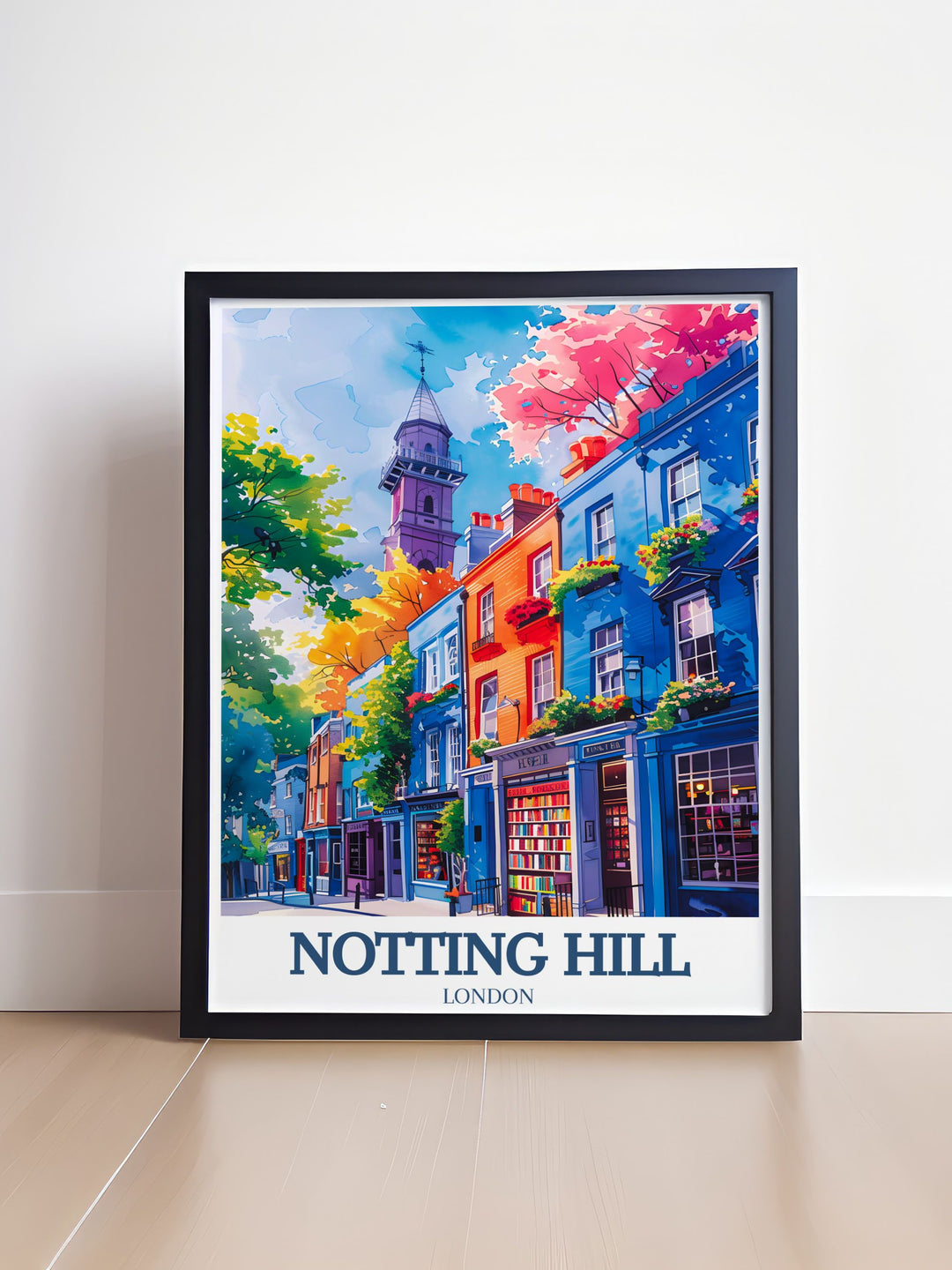 Beautiful London travel poster with vibrant Notting Hill Bookshop and the majestic St. Peters Church perfect for adding a touch of West London to your home capturing the lively charm of Portobello Market and colorful streets of Bayswater London