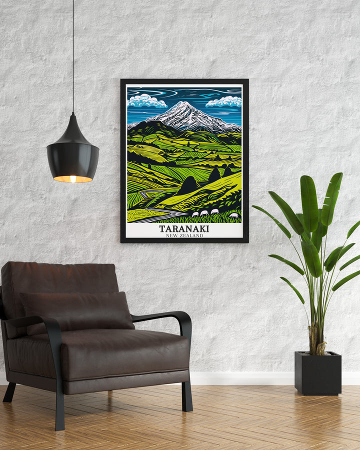 Beautiful Mount Taranaki poster art depicting Egmont National Park with vivid details creating a captivating focal point in your New Zealand wall art collection