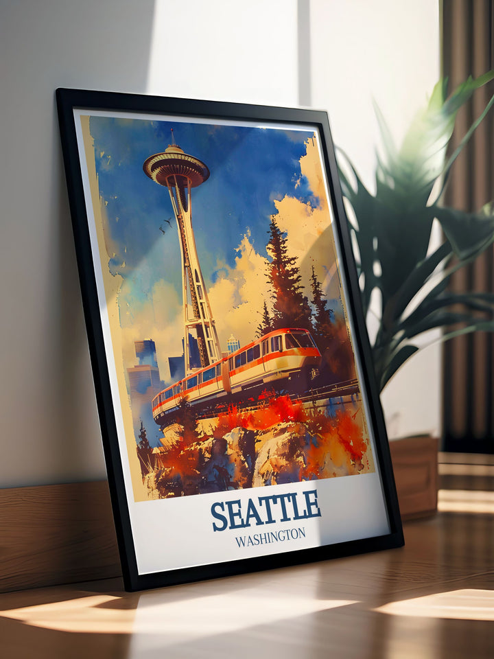 This Seattle Poster Print beautifully features the Space Needle alongside the iconic Seattle Center Monorail, offering a perfect combination of the citys modern architecture and historic transport system. This travel print captures the vibrant skyline of Seattle, making it an ideal gift or décor for any space.