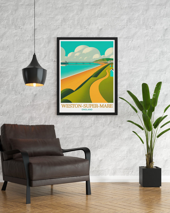 Weston Super Mare travel print captures the beauty and charm of this classic seaside town, with its iconic Grand Pier and stunning coastal views. This artwork is perfect for lovers of UK seaside destinations, offering a striking depiction of Somersets coastline.