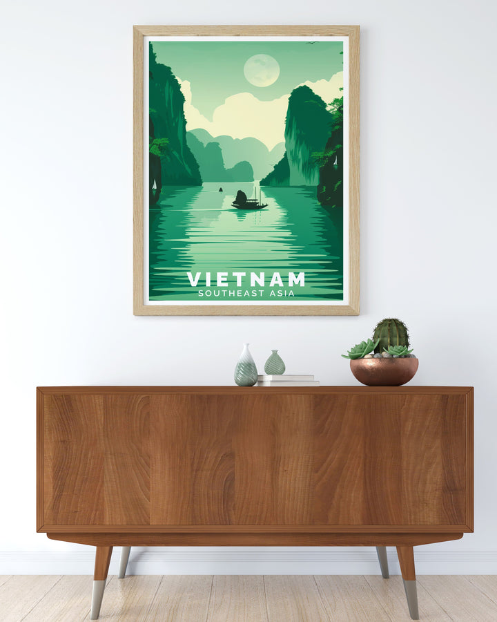 Vietnam Wall Poster combining the cultural vibrancy of Hanoi and the natural beauty of Ha Long Bay. This travel inspired art print makes a great gift for those who love exploring new places or adding unique decor to their homes.