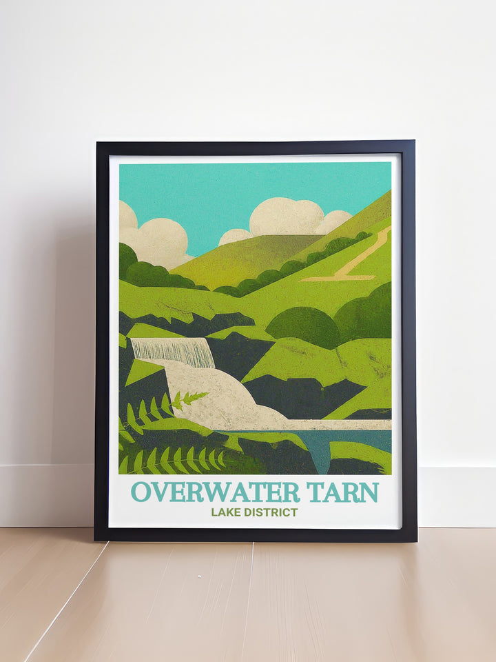 Dash Falls art print featuring the dynamic beauty of Dash Falls and Overwater Tarn. This detailed artwork highlights the waterfalls power and the surrounding rocky terrain, ideal for adding a touch of natural beauty to any room. Perfect for outdoor lovers.