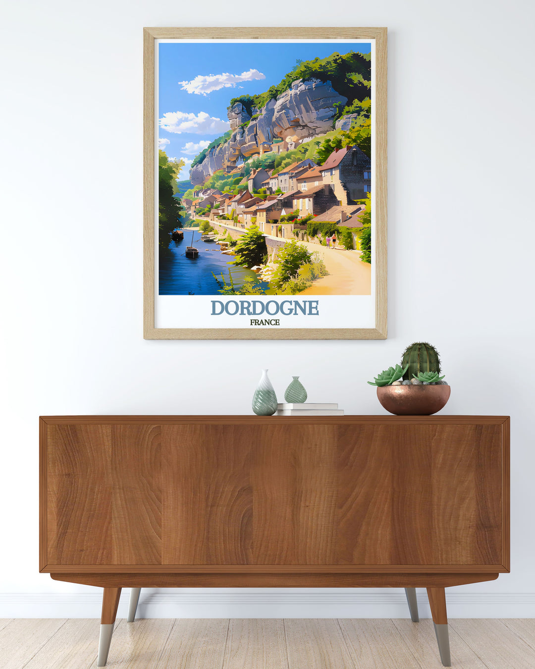 The serene beauty of La Roque Gageac in Dordogne is depicted in this poster, offering a glimpse into the villages tranquil environment and picturesque views.