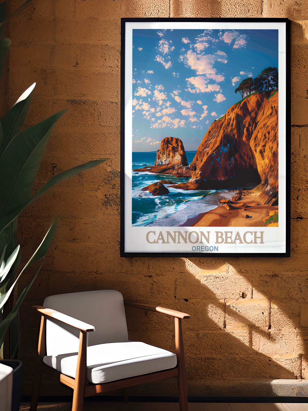 Stunning Cannon Beach poster highlighting Haystack Rock with colorful art and intricate details perfect for brightening up any living space with coastal beauty