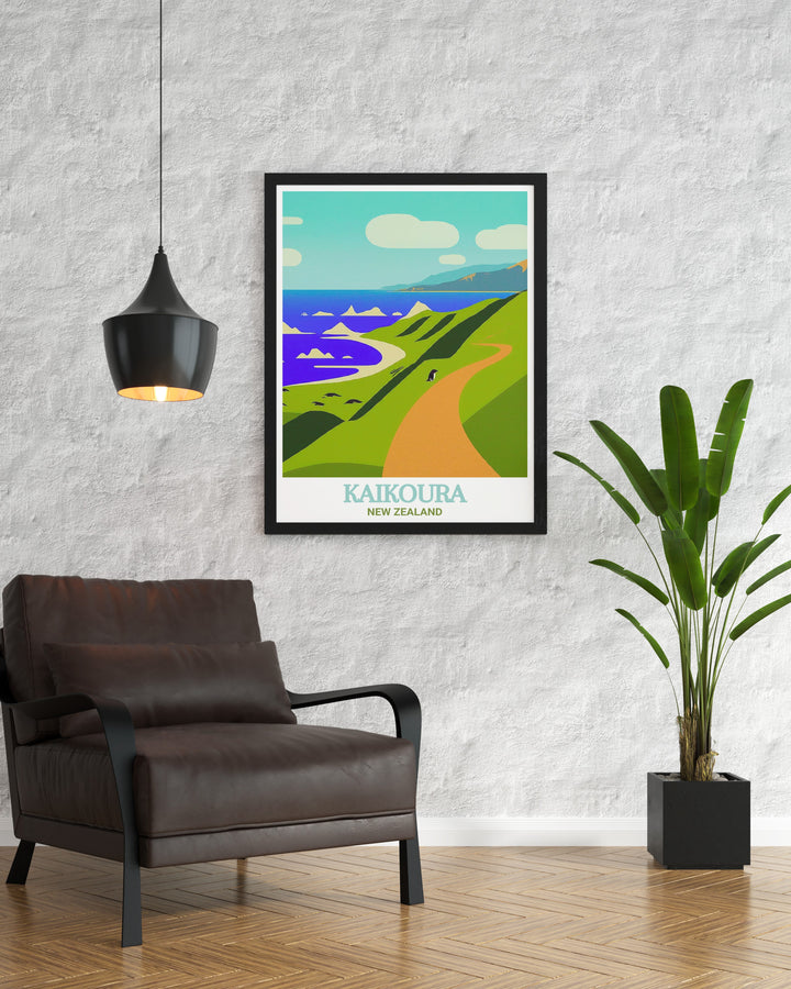 Capturing the breathtaking scenery of the Kaikoura Peninsula Walkway, this art print highlights the unique beauty of Kaikouras coastal landscape. The print is perfect for nature lovers and those who have a special connection to New Zealand.