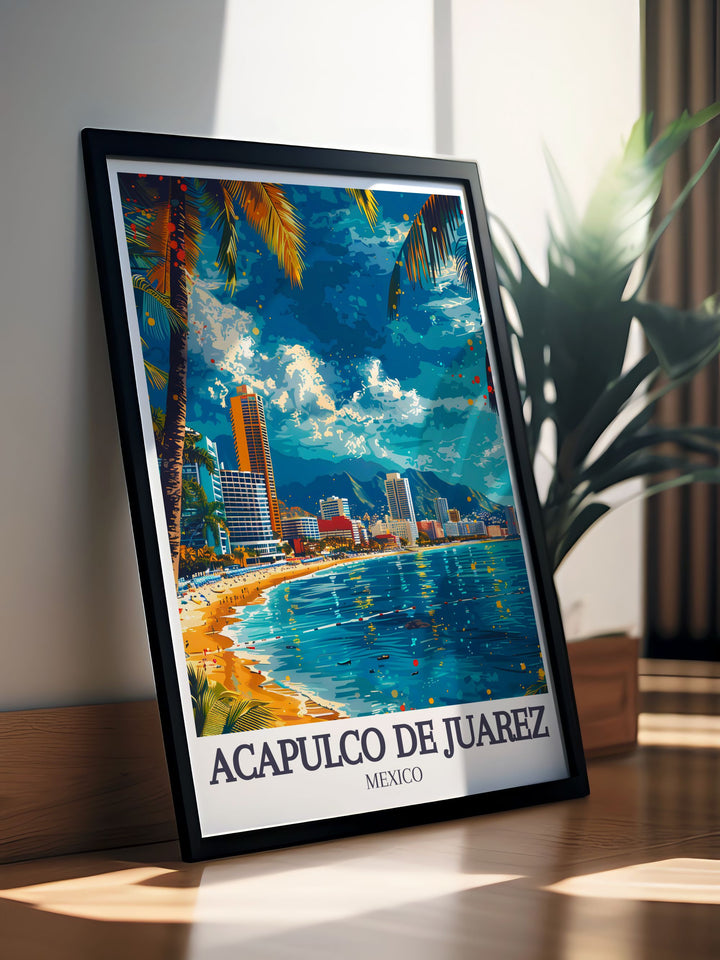 This poster captures the historical significance and coastal charm of Acapulco de Juárez, highlighting Playa Condesa and Acapulco Bay.