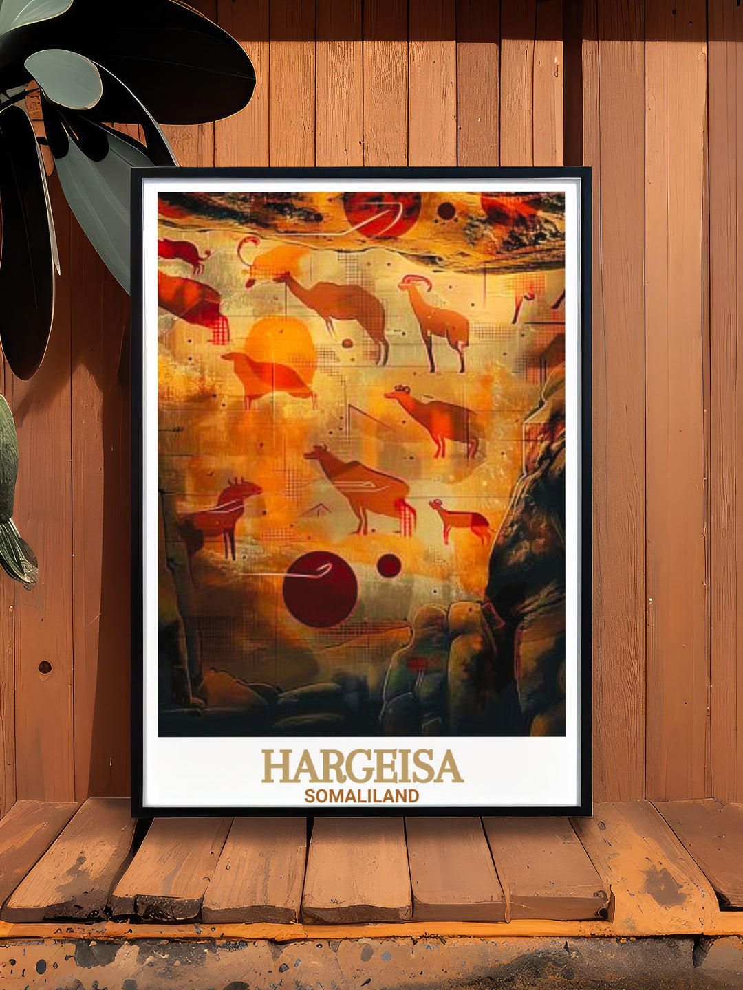 This Hargeisa art print brings together the historical significance of Laas Geel Rock Art and the modern vibrancy of Somalilands capital city. Perfect for home or office décor, this print offers a striking visual tribute to African heritage.