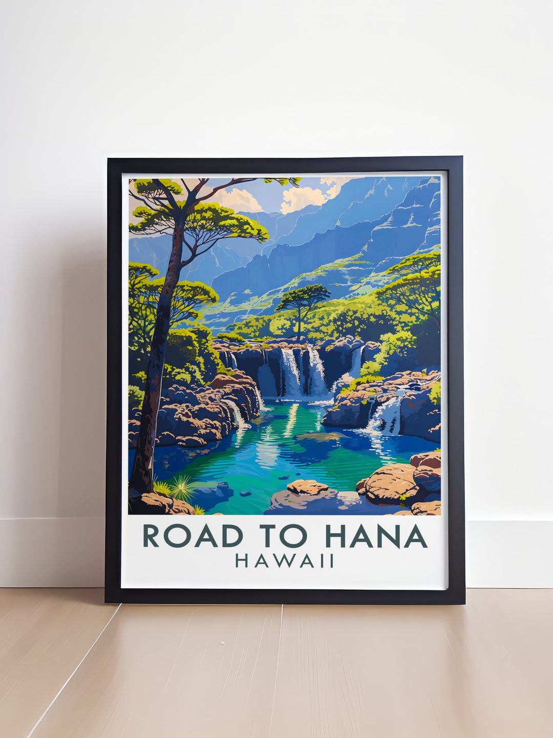 Sacred Pools modern prints capturing the calm and peaceful essence of these Hawaiian waterfalls. This art piece is perfect for creating a serene environment in your home, bringing the tranquility of Hawaii into your living space.