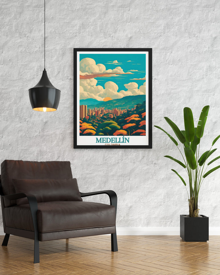 This Medellín Travel Poster captures the best of both worlds the urban excitement of Medellín and the peaceful landscapes of Parque Arví. Ideal for any room, this print adds a touch of adventure to your decor.